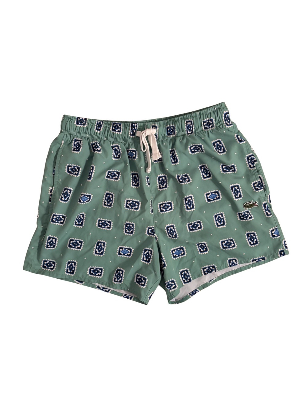 Lacoste Green Swim Trunks with Navy Geometric Print